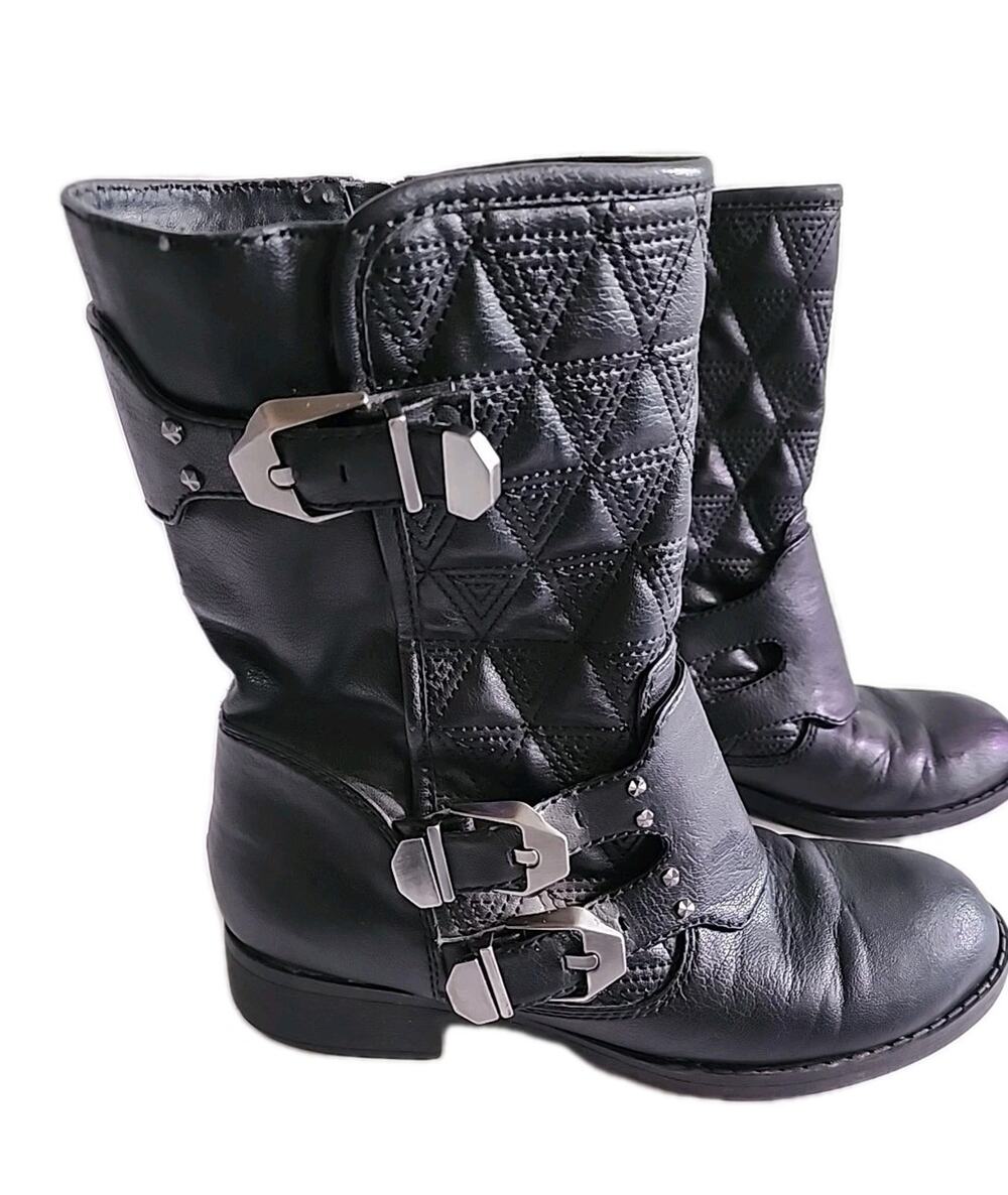 Womens 8 Black Buckle Moto Boots Quilted Mid Calf Goth Grunge Witchy Whimsy Goth